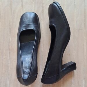 Etienne Aigner Vintage Luxury Black Leather Short Heels Square Toe Classy Pumps
